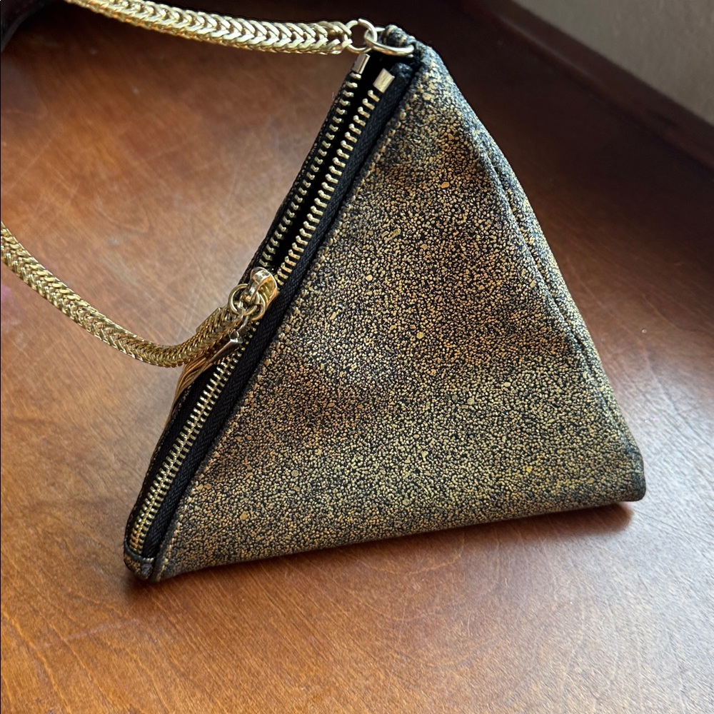 Street Level Triangular Gold Metallic Clutch Bag - image 3